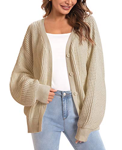 QUALFORT Damen Strickjacke Cardigan 100% Baumwolle Strickcardigan Strickmantel mit Knopf Beige L von QUALFORT