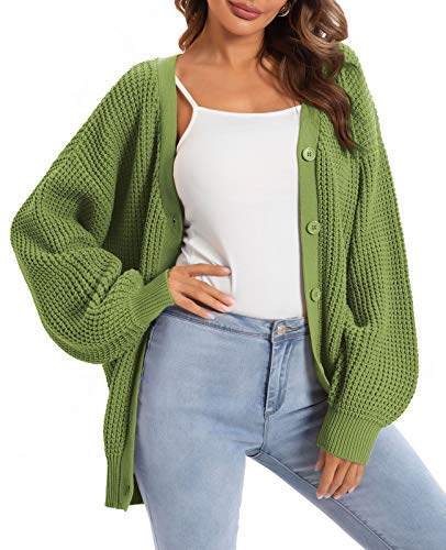 QUALFORT Damen Strickjacke Pullover 100% Baumwolle Button-Down Langarm Oversized Strickjacken - Grün - Groß von QUALFORT