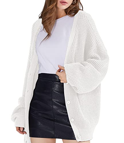 QUALFORT Damen Strickjacke Pullover 100% Baumwolle Button-Down Langarm Oversized Strickjacken - Weiß - Groß von QUALFORT