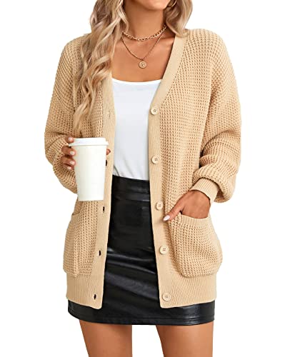 QUALFORT Strickjacke für Damen, 100% Baumwolle, Knopfleiste, langärmelig, übergroße Strickjacken mit Taschen, Beige mit Taschen, Klein von QUALFORT