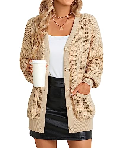 QUALFORT Damen Strickjacke Sweater 100% Baumwolle Button-Down Langarm Oversized Knit Cardigans mit Taschen, Beige mit Taschen, Mittel von QUALFORT