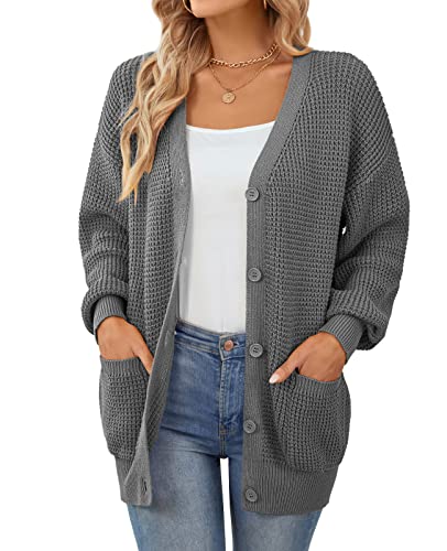 QUALFORT Strickjacke für Damen, 100 % Baumwolle, Button-Down, übergroße Strickjacken mit Taschen, für Herbst und Winter 2025, Grau mit Taschen, Klein von QUALFORT