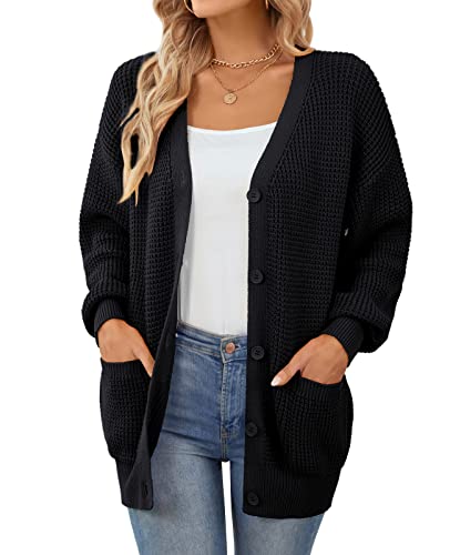 QUALFORT Damen Strickjacke Sweater 100% Baumwolle Button-Down Langarm Oversized Knit Cardigans mit Taschen, Schwarz mit Taschen, Groß von QUALFORT