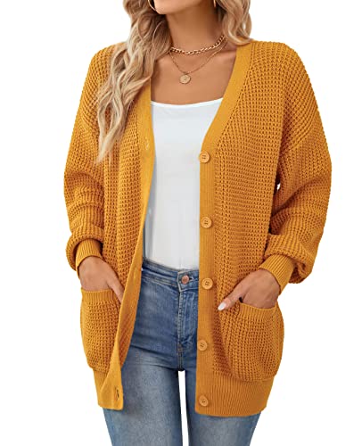 QUALFORT Damen Strickjacke Sweater 100% Baumwolle Button-Down Langarm Oversized Knit Cardigans mit Taschen, Senf mit Taschen, Klein QUALFORT Damen Strickjacke Sweater 100% Baumwolle Button-Down Langarm Oversized Knit Cardigans mit Taschen, Senf mit Taschen, Klein von QUALFORT