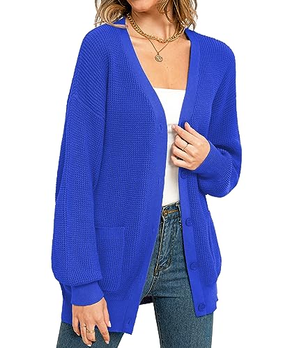 QUALFORT Damen Strickjacke aus 100% Baumwolle, langärmelig, Knopfleiste, übergroße Strickjacke, mit Taschen, Königsblau, XX-Large von QUALFORT