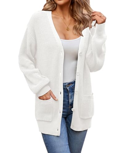 QUALFORT Damen-Strickjacken aus 100 % Baumwolle, Laternenärmel, übergroßer Pullover mit Taschen, Herbst-Cardigans 2025, Cremeweiß, X-Groß von QUALFORT