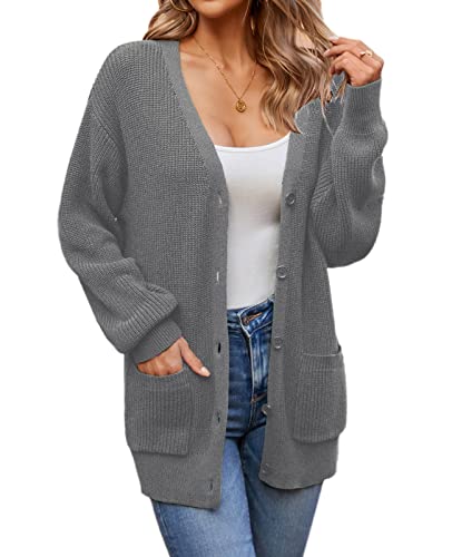 QUALFORT Damen-Strickjacken aus 100 % Baumwolle, Laternenärmel, übergroßer Pullover mit Taschen, Herbst-Cardigans 2025, GRAU, XX-Large von QUALFORT