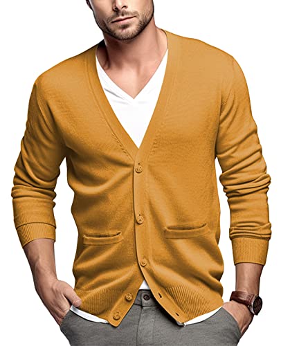 QUALFORT Herren Strickjacke Cardigan mit V-Auschnitt und Knopfleiste Gelb L von QUALFORT
