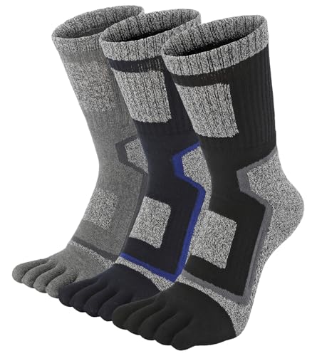 QUANGANG Zehensocken für Herren und Damen, Wandern, Frottee, gepolstert, gepolstert, für Laufen, Crew, athletisch, Unisex, 3 Paar, F Schwarz, Grau, Marineblau (3 Paar), Medium von QUANGANG