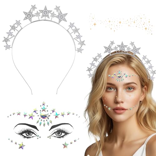 Haarreifen Mädchen Haarreif Sterne Silber，Haarreif Stern Karneval Kostüm Damen Gesichtstattoo ，Glitzer Haarreif Mädchen Mit Glitzersteine Gesich für Frauen Party Mädchen Braut Brautjungfern von QUANMAITONG