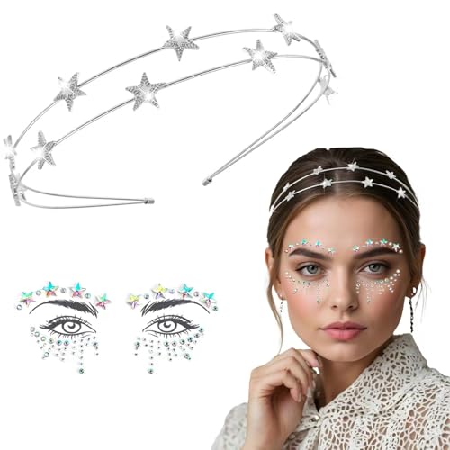 Haarreifen Mädchen Haarreif Sterne Silber，Haarreif Stern Karneval Kostüm Damen Gesichtstattoo ，Glitzer Haarreif Mädchen Mit Glitzersteine Gesich für Frauen Party Mädchen Braut Brautjungfern von QUANMAITONG