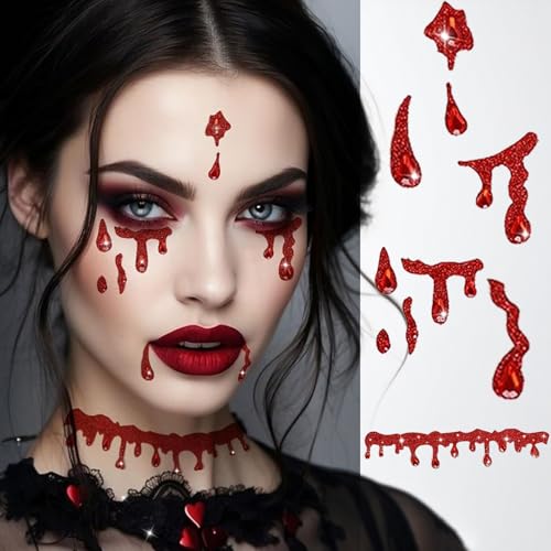 Vampir Schminke Erwachsene Halloween Tattoos Glitzersteine Gesicht Selbstklebend Festival Vampire Glitzer Gesicht Zombie Schminke Mit Hexenhut Set von QUANMAITONG