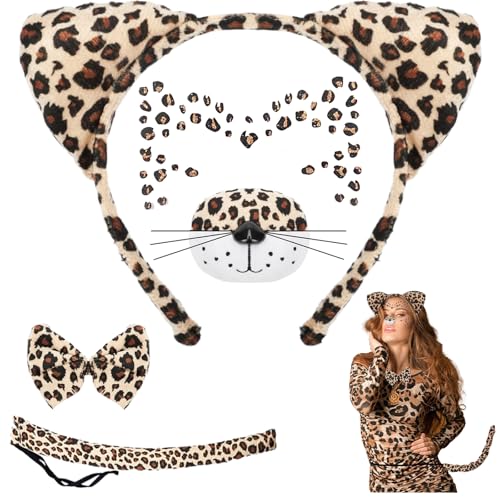 Leoparden Kostüm Damen Halloween Leoparden Ohren Haarreif,Leopard Kostüm Schwanz Und Fliege Katzenohren Haarreif Kinder,Leo Ohren Tierkostüm Damen Gesichtstattoo Karneval Party Dekoration (Leopard) von QUANMAITONG