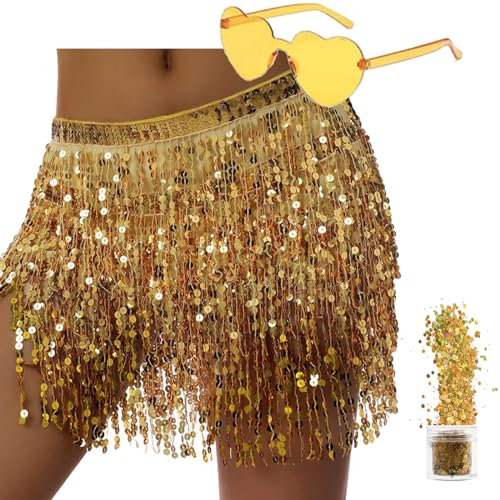 Pailletten Rock Damen Bauchtanz Hüfttuch，Glitzer Rock Damen für Halloween Karneval QuastenRock， Glitzerrock Bauchtanz Kostüm Damen und Mädchen (Polyester, Gold) von QUANMAITONG