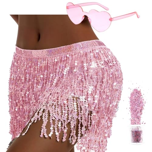 Pailletten Rock Damen Bauchtanz Hüfttuch，Glitzer Rock Damen für Halloween Karneval QuastenRock， Glitzerrock Bauchtanz Kostüm Damen und Mädchen (Polyester, Rose) von QUANMAITONG