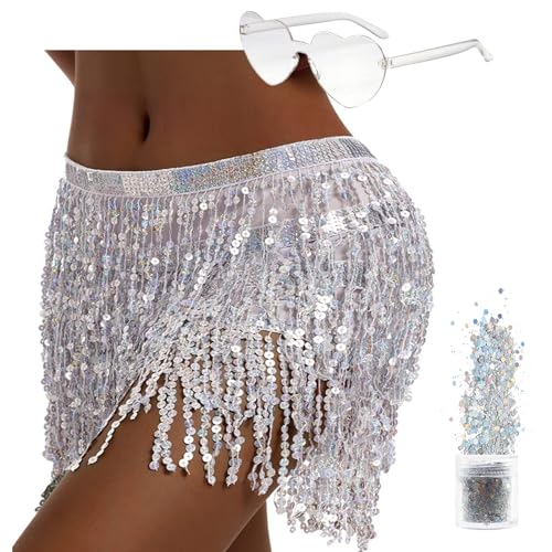 Pailletten Rock Damen Bauchtanz Hüfttuch，Glitzer Rock Damen für Halloween Karneval QuastenRock， Glitzerrock Bauchtanz Kostüm Damen und Mädchen (Polyester, Silber) von QUANMAITONG