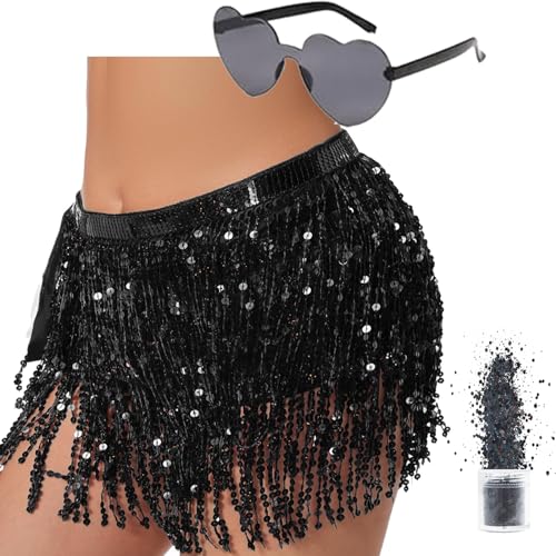 Pailletten Rock Damen Bauchtanz Hüfttuch，Glitzer Rock Damen für Halloween Karneval QuastenRock， Glitzerrock Bauchtanz Kostüm Damen und Mädchen (Polyester, schwarz) von QUANMAITONG