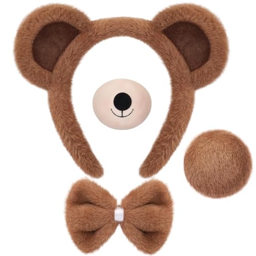 QUANMAITONG Bärenkostüm Damen Fasching Halloween Bär Ohren Haarreif,Bär Kostüm Schwanz Und Fliege Katzenohren Haarreif Kinder,Tierkostüm Damen Gesichtstattoo Karneval Party Dekoration von QUANMAITONG