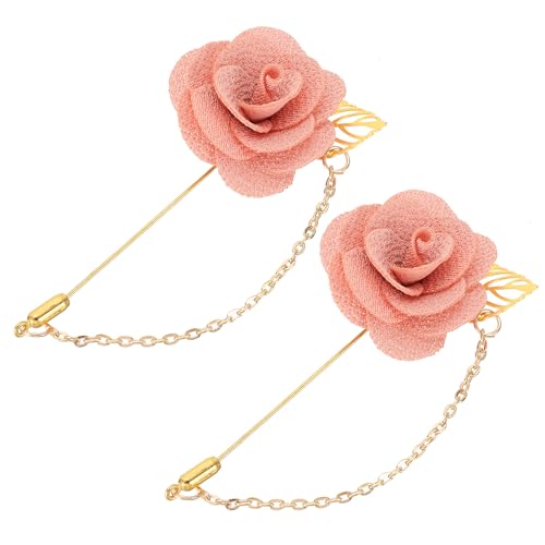QUARKZMAN 2 Stück Blumenreversnadel mit Goldblattbrosche Satin Quasten Kette Hängende handgefertigte Boutonniere-Nadeln für Anzugkragen Hochzeitsfeier, Pink von QUARKZMAN