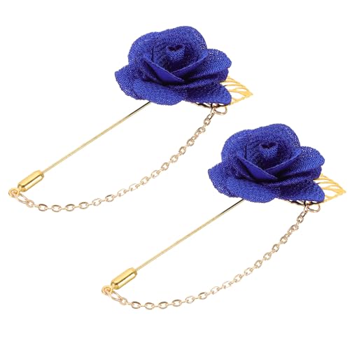 QUARKZMAN 2 Stück Blumenreversnadel mit Goldblattbrosche Satin Quastenkette Hängende handgefertigte Boutonniere-Nadeln für Anzugkragen, Hellblau von QUARKZMAN