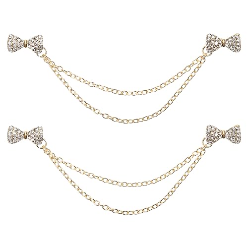 QUARKZMAN 2Stk Schleife Pullover Clips Retro Kragenspangen für Strickjacken mit Kette Shirt Klammern Schal Klammern Kleidung Clip für Frauen(Gold) von QUARKZMAN