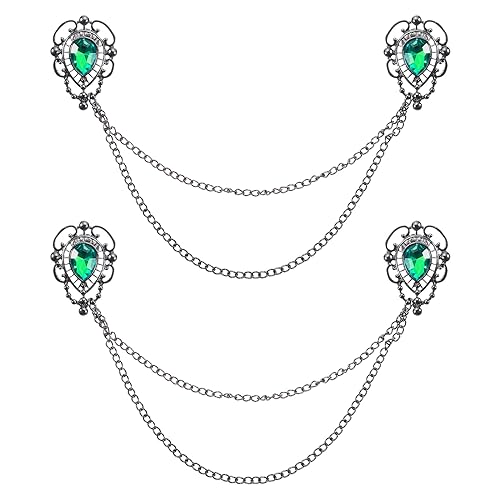 QUARKZMAN 2Stk Strassstein Pullover Verschlüsse Vintage Kragenspangen für Strickjacken mit Kette Shirt Klammern Schal Klammern Kleidung Clip für Frauen(Grün) von QUARKZMAN