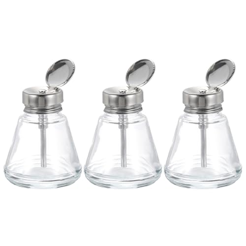 QUARKZMAN 3 Stück 3.4 Unzen / 100ML Glas Pumpspender Flasche Quadratische Flüssigkeitspumpe Drücken Sie nach unten Alkoholbehälter mit Metallklappe für Make-up-Entferner Alkoholabgabe von QUARKZMAN