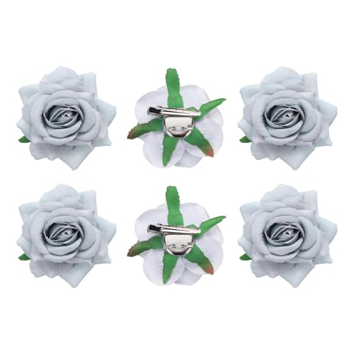 QUARKZMAN 6 Stück Rosenblume Haarspangen 3 Zoll Blumen Haarnadeln Blumenbrosche für Damen Haaraccessoires Hellgrau von QUARKZMAN