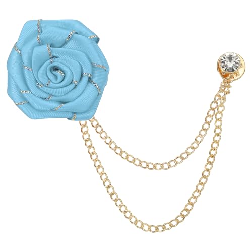 QUARKZMAN Bräutigam Broschen Rose Blume Größe 1,77 Zoll Stoff Legierung Reversnadel mit Quaste Kette/Anzug Stud/Goldrand für Hochzeit Herrenanzug Zubehör 1 Stück Hellblau von QUARKZMAN