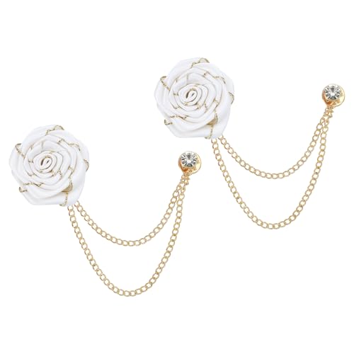 QUARKZMAN Bräutigam Broschen Rose Blume Größe 1,77 Zoll Stoff Legierung Reversnadel mit Quaste Kette/Anzug Stud/Goldrand für Hochzeit Herrenanzug Zubehör 2 Stück Weiß von QUARKZMAN