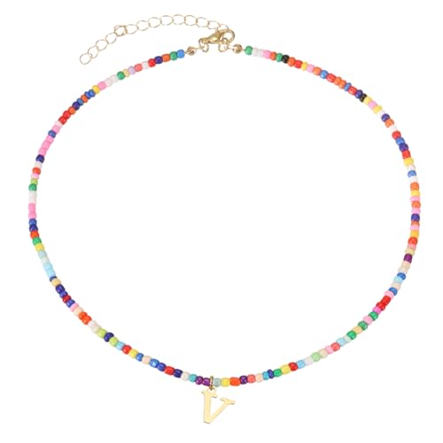 QUARKZMAN Bunte Perlen-Anfangsbuchstaben-Ketten für Frauen, Handgefertigte Perlen-Choker-Kette Bohemian Buchstaben-Anhänger Schmuck 18K Goldbeschichtet für Teenager-Mädchen (Buchstabe V) von QUARKZMAN