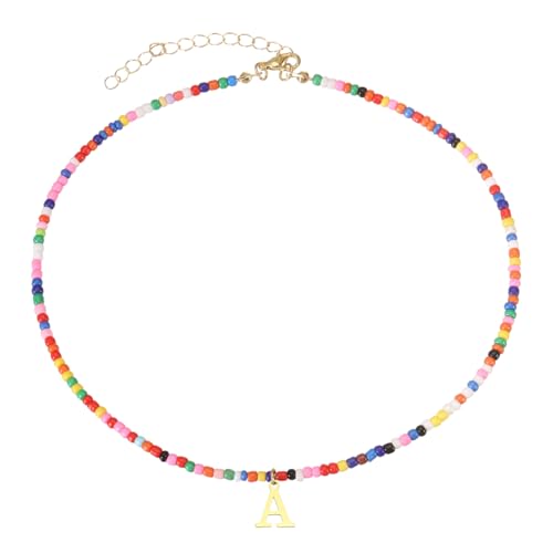 QUARKZMAN Bunte Perlen Initial Halsketten Für Frauen, Handgefertigte Perlen Choker Halskette Bohemian Buchstaben Anhänger Schmuck 18K Gold Plated Für Teenager Mädchen (Buchstabe A) von QUARKZMAN