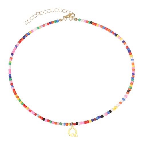 QUARKZMAN Bunte Perlen Initial Halsketten Für Frauen, Handgefertigte Perlen Choker Halskette Bohemian Buchstaben Anhänger Schmuck 18K Gold Platiert Für Teenager Mädchen (Buchstabe Q) von QUARKZMAN