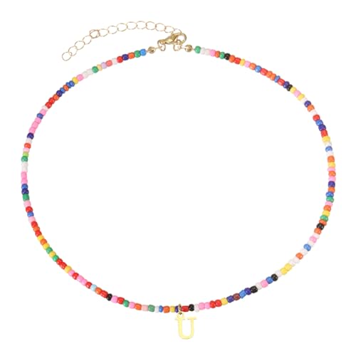 QUARKZMAN Bunte Perlen Initial Halsketten Für Frauen, Handgemachte Perlen Choker Halskette Bohemian Buchstabe Alphabet Anhänger Schmuck 18K Gold Plated Für Teen Mädchen (Buchstabe U) von QUARKZMAN
