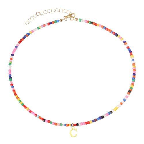 QUARKZMAN Bunte Perlen Initial Halsketten Für Frauen, Handgemachte Perlen Choker Halskette Bohemian Buchstabe Alphabet Anhänger Schmuck 18K Gold Plated Für Teenager Mädchen (Buchstabe C) von QUARKZMAN
