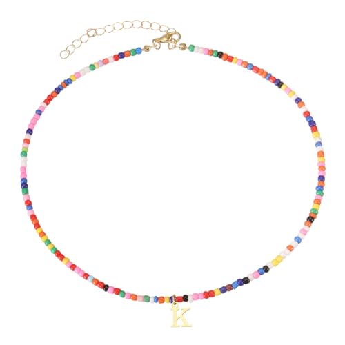 QUARKZMAN Bunte Perlen Initial Halsketten Für Frauen, Handgemachte Perlen Choker Halskette Bohemian Buchstaben Anhänger Schmuck 18K Gold Plated Für Teenager Mädchen (Buchstabe K) von QUARKZMAN