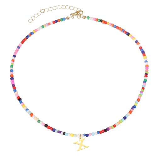 QUARKZMAN Bunte Perlen Initial Halsketten Für Frauen Handgemachte Perlen Choker Halskette Bohemian Buchstaben Anhänger Schmuck 18K Gold Plated Für Teenager Mädchen (Buchstabe X) von QUARKZMAN