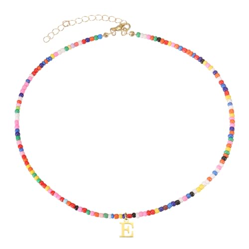 QUARKZMAN Bunte Perlen Initial Halsketten Für Frauen Handgemachte Perlen Choker Halskette Bohemian Buchstaben Anhänger Schmuck 18K Gold Platiert Für Teenager Mädchen (Buchstabe E) von QUARKZMAN