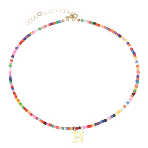 QUARKZMAN Bunte Perlen Initial Halsketten Für Frauen Handgemachte Perlen Choker Halskette Bohemian Buchstaben Anhänger Schmuck 18K Gold Platiert Für Teenager Mädchen (Buchstabe H) von QUARKZMAN