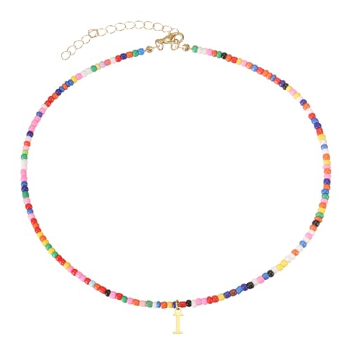 QUARKZMAN Bunte Perlen Initial Halsketten Für Frauen Handgemachte Perlen Choker Halskette Bohemian Buchstaben Anhänger Schmuck 18K Gold Platiert Für Teenager Mädchen (Buchstabe I) von QUARKZMAN