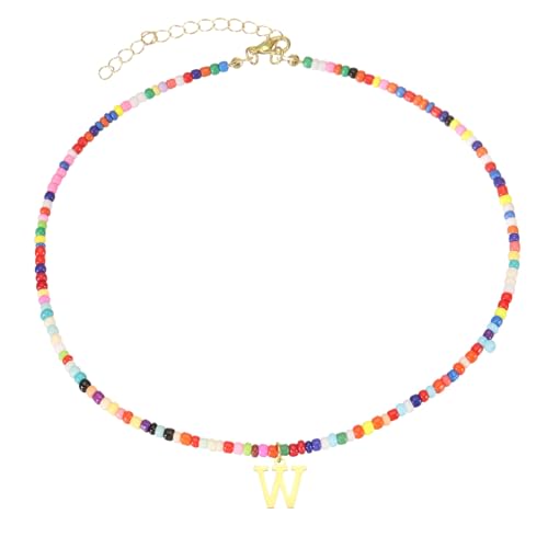 QUARKZMAN Bunte Perlen Initial Halsketten Für Frauen Handgemachte Perlen Choker Halskette Bohemian Buchstaben Anhänger Schmuck 18K Gold Platiert Für Teenager Mädchen (Buchstabe W) von QUARKZMAN