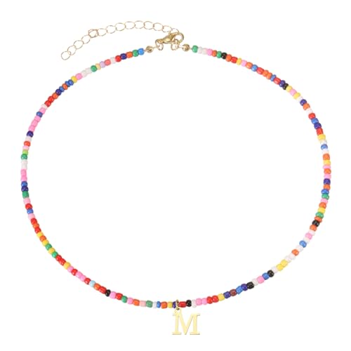QUARKZMAN Bunte Perlen-Initial-Ketten Für Frauen, Handgemachte Perlen-Choker-Kette Bohemian Buchstaben-Anhänger Schmuck 18K Gold Plated Für Teenager-Mädchen (Buchstabe M) von QUARKZMAN