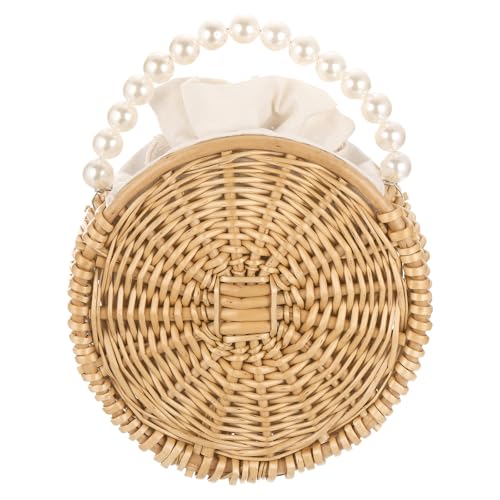 QUARKZMAN Damen Stroh Kreuzträger Tasche Rund Rattan Tasche Stroh Clutch Geldbörse Rattan Geflochtene Handtasche Rattan Tote Taschen mit steif em Griff für Sommer Strand Reisen von QUARKZMAN