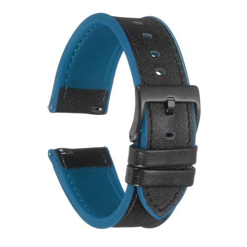 QUARKZMAN Echte Leder Uhrenarmbänder 22mm Breite Weiche Schnellwechsel Uhrenarmbänder mit Silikon-Wasserdichtem Futter, Schwarz Blau von QUARKZMAN