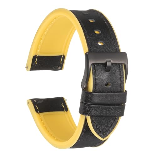 QUARKZMAN Echte Leder Uhrenarmbänder 22mm Breite Weiche Schnellwechsel Uhrenarmbänder mit Silikon Wasserdichtem Futter, Schwarz Gelb von QUARKZMAN