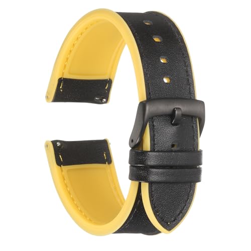 QUARKZMAN Echte Leder Uhrenarmbänder 24mm Breite Weiche Schnellwechsel Uhrenarmbänder mit Silikon-Wasserdichtem Futter, Schwarz Gelb von QUARKZMAN