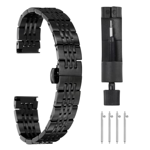 QUARKZMAN Edelstahl Uhrenarmbänder 16mm Uhrenarmband Metall Schnellverschluss Solides Stahlkettenuhrband Ersatz mit Faltschließe für Smartwatch Uhren Armband Herren Damen, Schwarz von QUARKZMAN