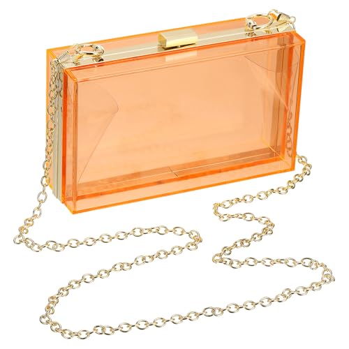 QUARKZMAN Frauen Clear Purse, Acryl Clear Clutch Bag Square Acryl Purses Transparent Crossbody Handtasche mit abnehmbarer Kette für Reisen Büro, Orange/Gold von QUARKZMAN