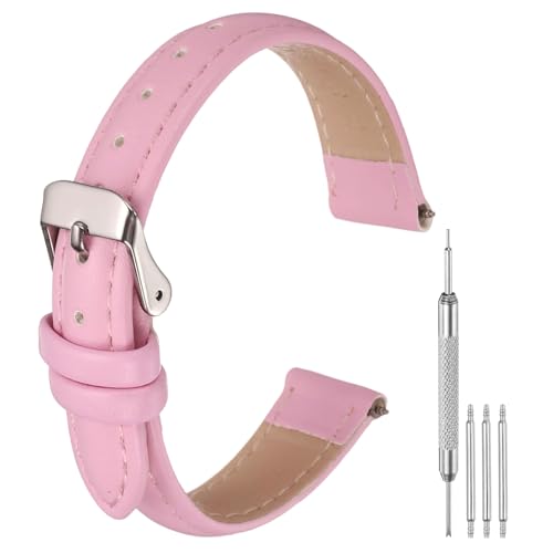 QUARKZMAN Leder Uhrenarmbänder für Männer und Frauen, 14mm Schnellwechsel Uhrenarmband Ersatz, Flaches Dünnes Elegantes Lederarmband mit Werkzeugen, Pink von QUARKZMAN