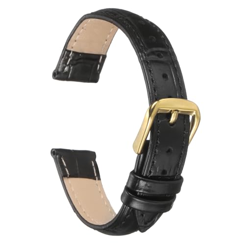 QUARKZMAN Leder Uhrenarmband 14mm Geprägtes Muster Rindsleder Uhrenarmband Ersatz mit Federstegen für Männer und Frauen, Schwarz Gold von QUARKZMAN